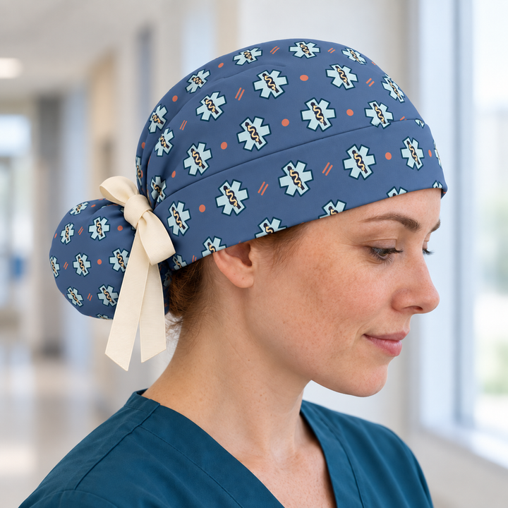 Star of Life ponytail scrub cap worn with plain scrubs in a clinical-setting mockup.