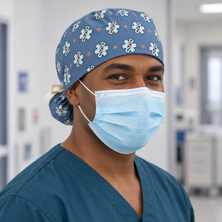 Star of Life Ponytail Scrub Cap — Front worn view showing the printed crown and fitted cap band.
