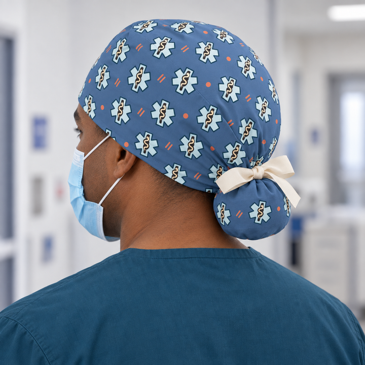 Star of Life Ponytail Scrub Cap — Rear worn view showing the printed ponytail pouch and cream ribbon bow.