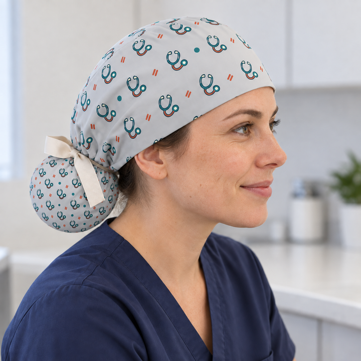 Stethoscope ponytail scrub cap worn with plain scrubs in a clinical-setting mockup.