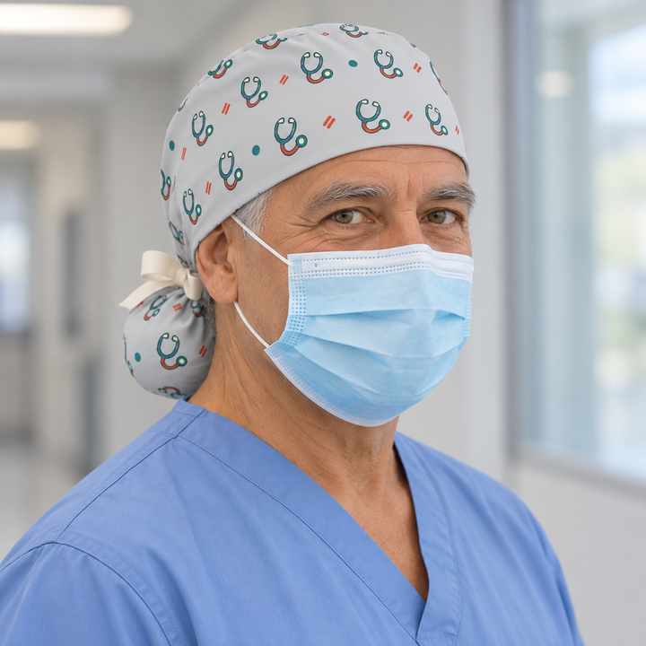 Stethoscope Ponytail Scrub Cap — Front worn view showing the printed crown and fitted cap band.