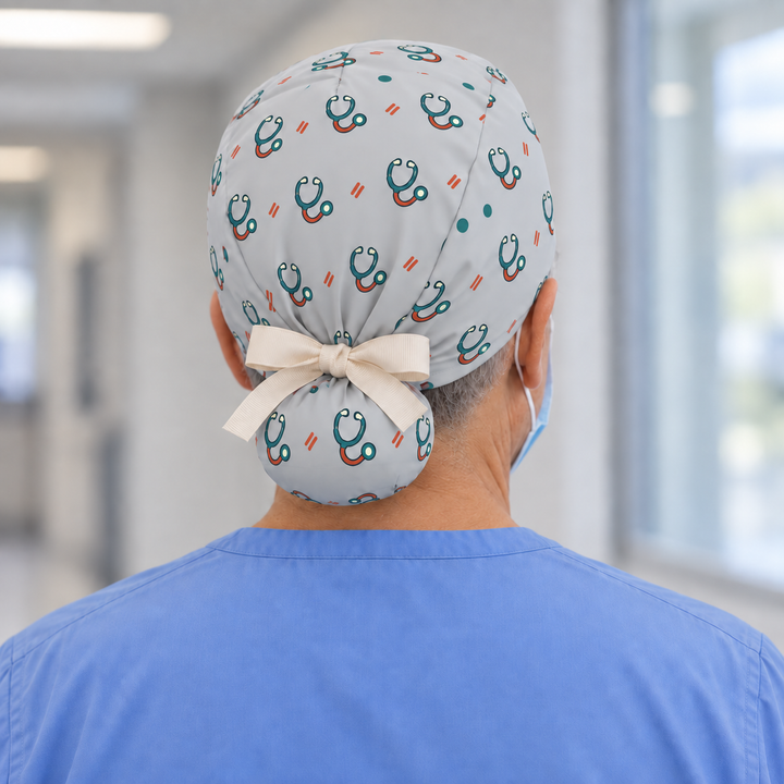 Stethoscope Ponytail Scrub Cap — Rear worn view showing the printed ponytail pouch and cream ribbon bow.