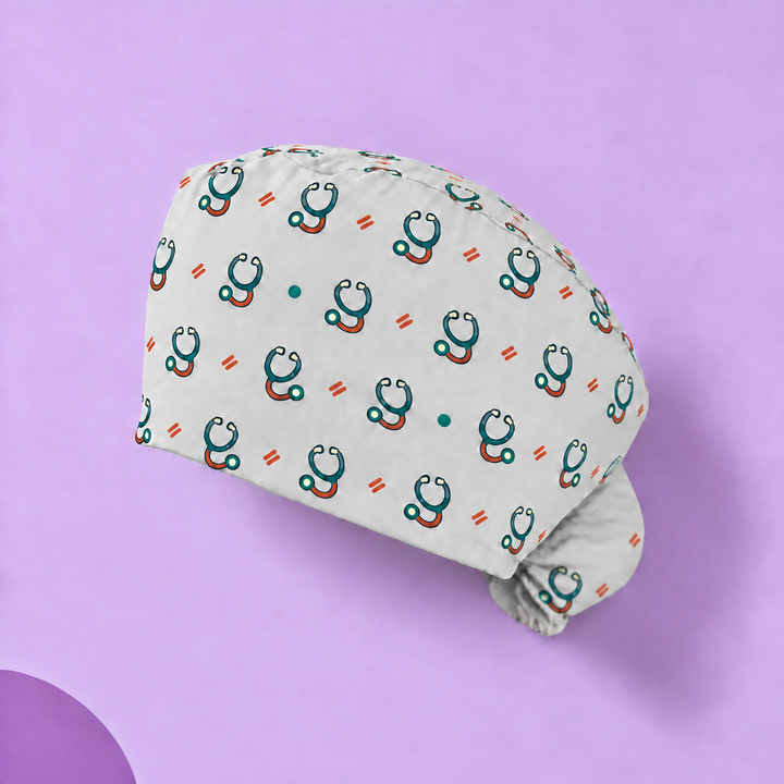 Stethoscope Ponytail Scrub Cap — Studio view of the printed cap on a coordinated background.