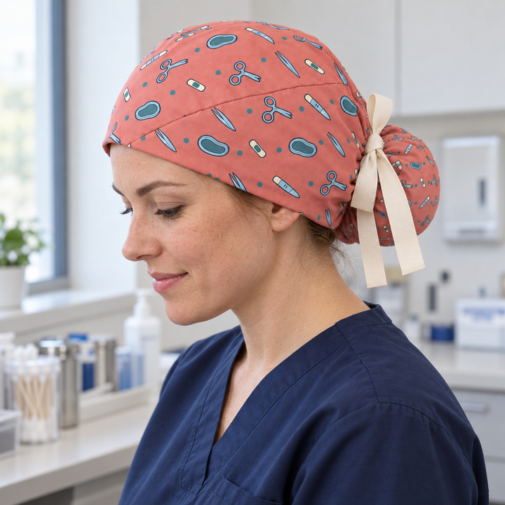 Surgery ponytail scrub cap worn with plain scrubs in a clinical-setting mockup.