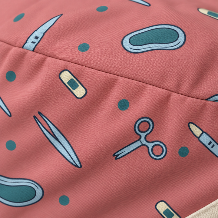 Surgery ponytail scrub cap — close-up mockup showing the printed fabric and stitched seam.