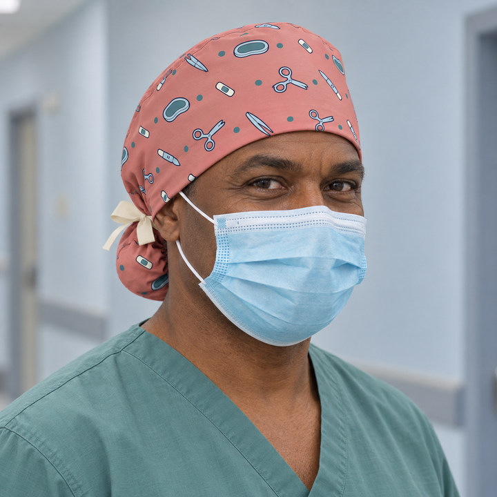 Surgery Ponytail Scrub Cap — Front worn view showing the printed crown and fitted cap band.