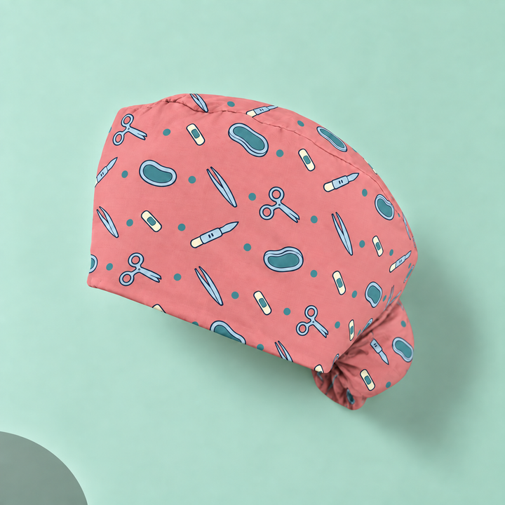 Surgery Ponytail Scrub Cap — Studio view of the printed cap on a coordinated background.