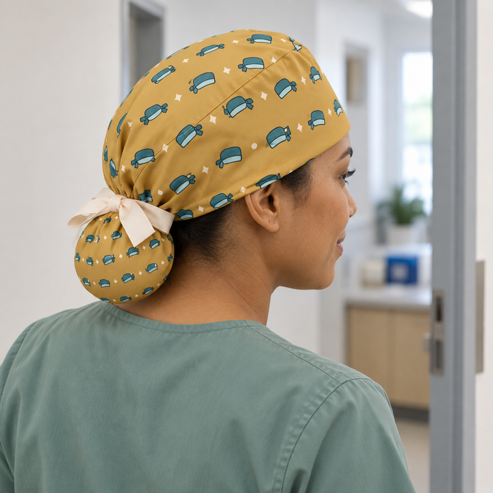 Surgical Cap ponytail scrub cap worn with plain scrubs in a clinical-setting mockup.