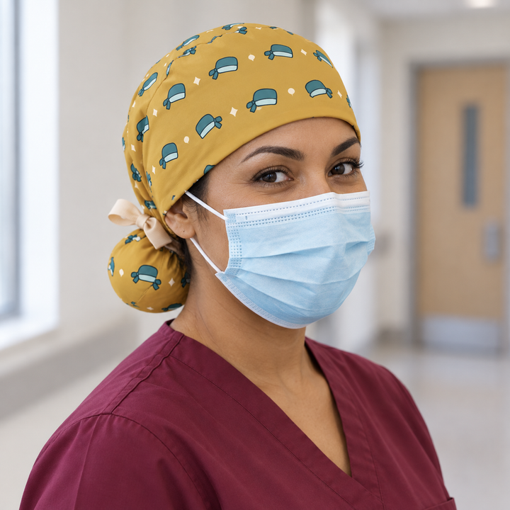 Surgical Cap Ponytail Scrub Cap — Front worn view showing the printed crown and fitted cap band.
