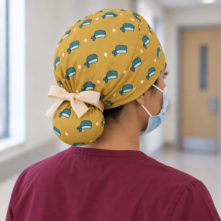 Surgical Cap Ponytail Scrub Cap — Rear worn view showing the printed ponytail pouch and cream ribbon bow.