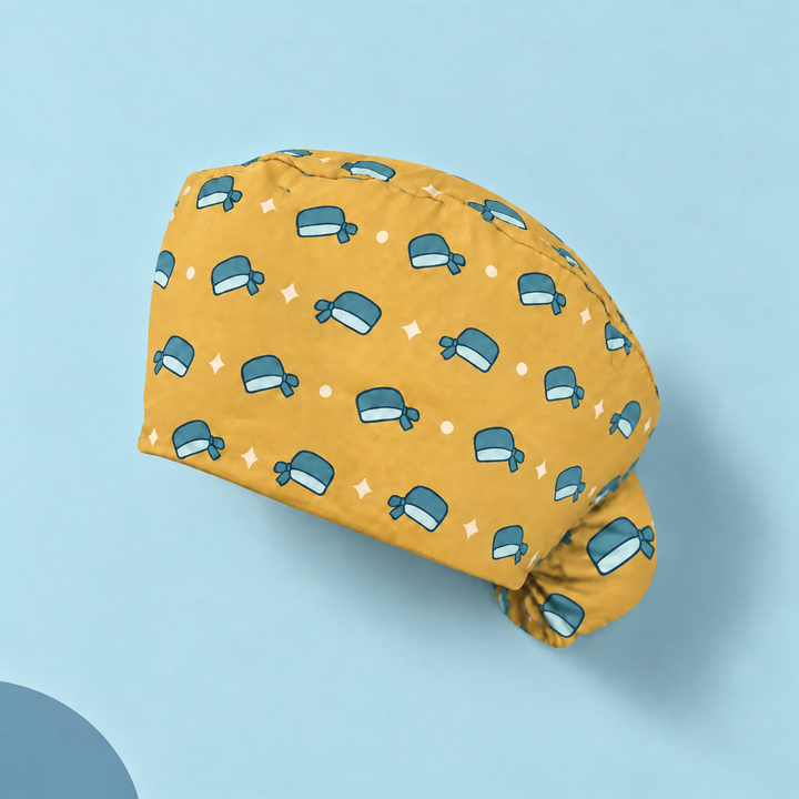 Surgical Cap Ponytail Scrub Cap — Studio view of the printed cap on a coordinated background.