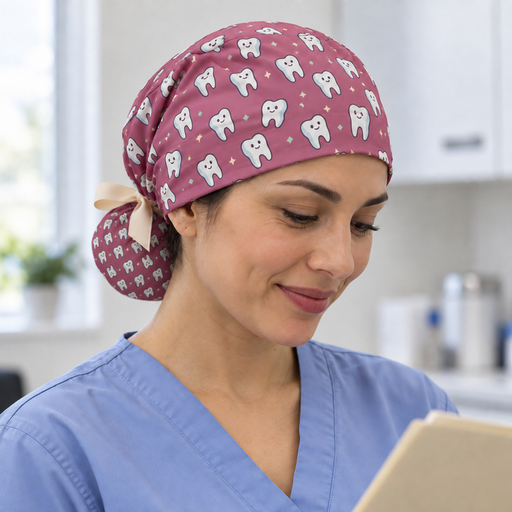 Tooth ponytail scrub cap worn with plain scrubs in a clinical-setting mockup.