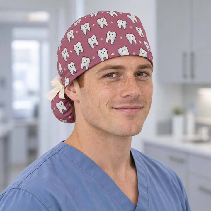 Tooth Ponytail Scrub Cap — Front worn view showing the printed crown and fitted cap band.