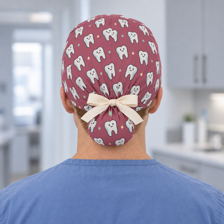 Tooth Ponytail Scrub Cap — Rear worn view showing the printed ponytail pouch and cream ribbon bow.