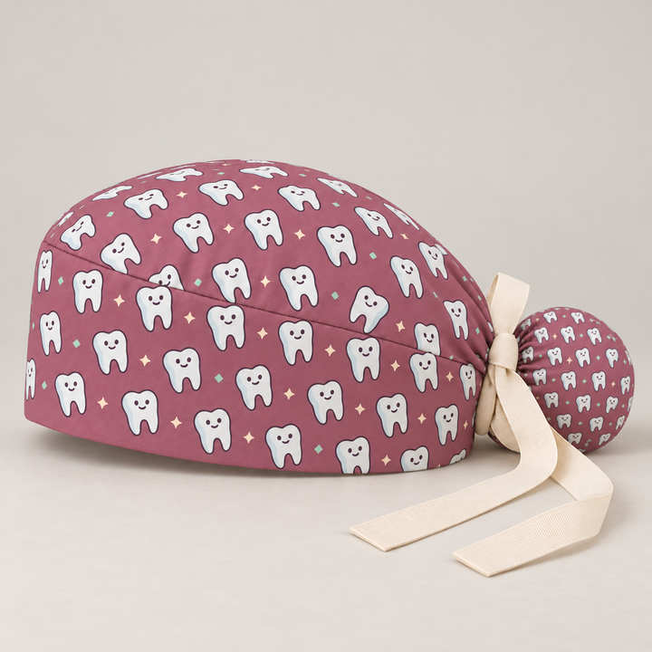 Tooth ponytail scrub cap — studio mockup showing the printed cap and cream ties.