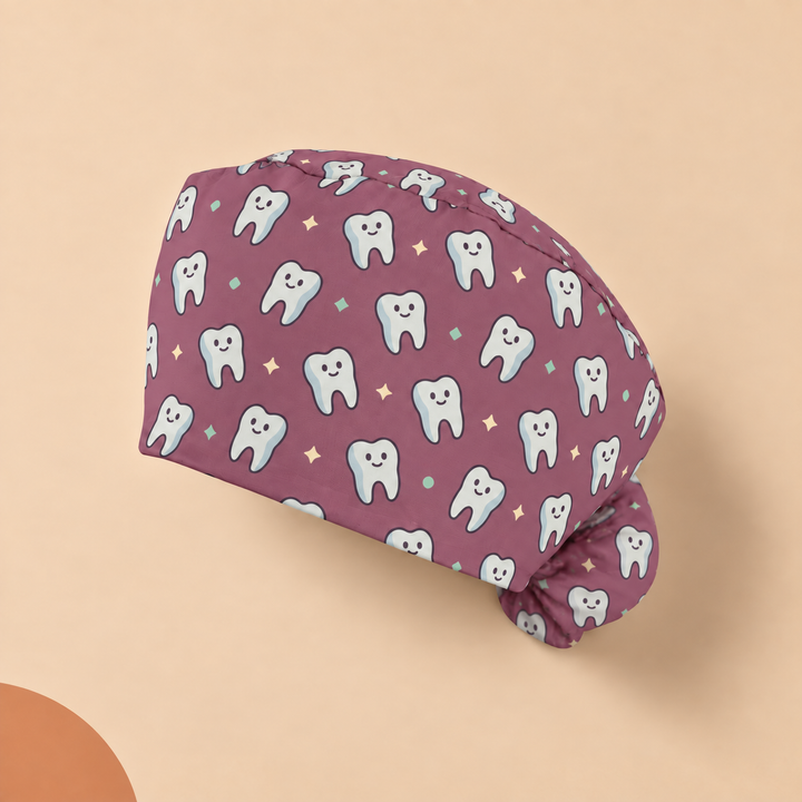 Tooth Ponytail Scrub Cap — Studio view of the printed cap on a coordinated background.