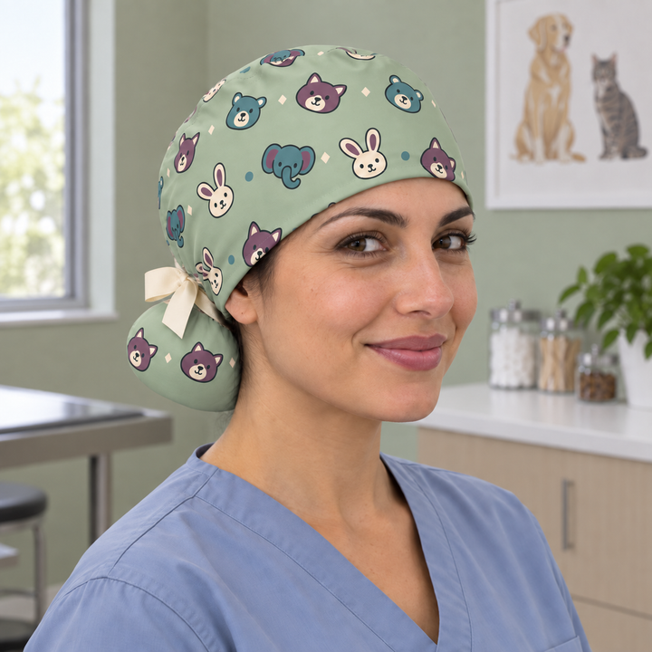 Veterinary Ponytail Scrub Cap — Front worn view showing the printed crown and fitted cap band.