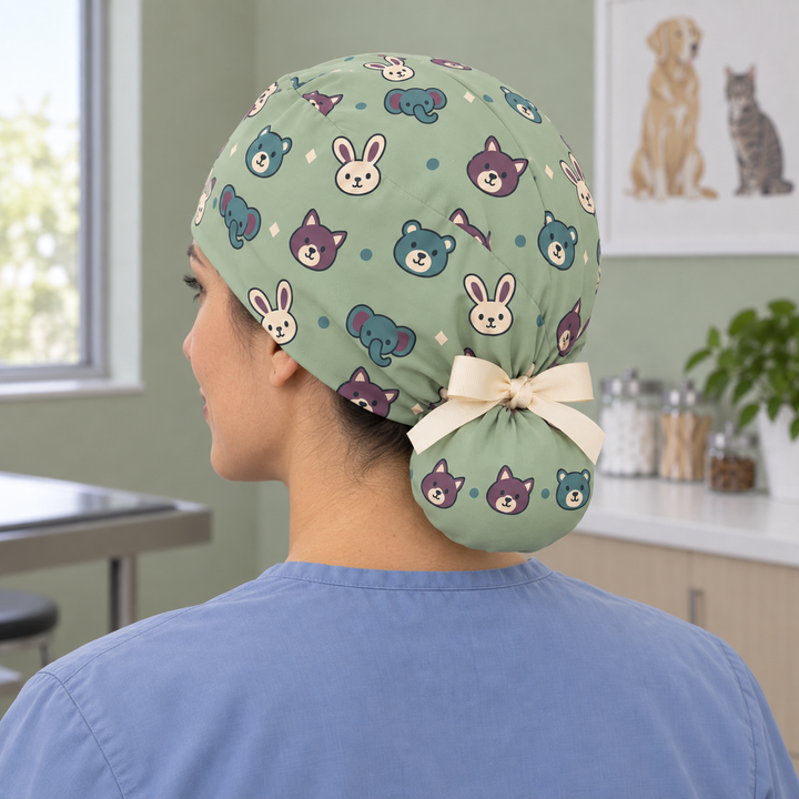 Veterinary Ponytail Scrub Cap — Rear worn view showing the printed ponytail pouch and cream ribbon bow.