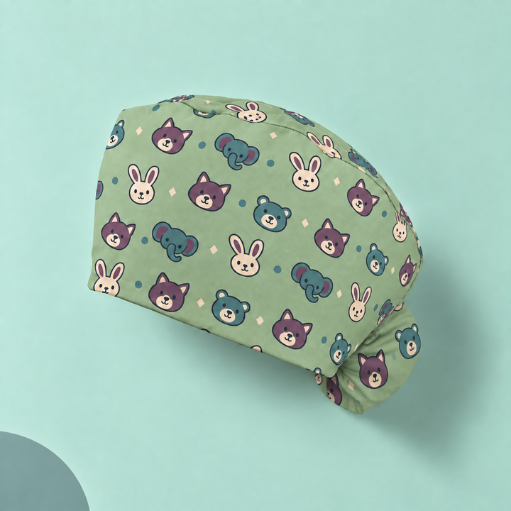 Veterinary Ponytail Scrub Cap — Studio view of the printed cap on a coordinated background.