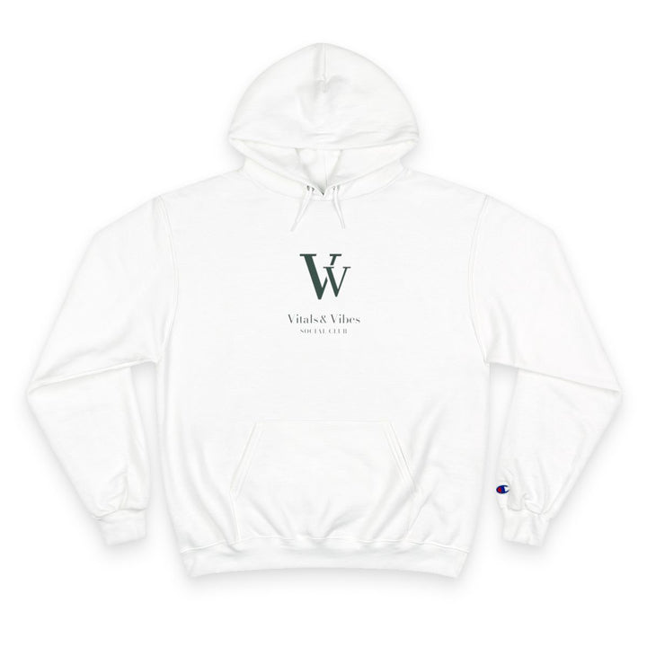 White VV Social Club Champion hoodie, shown without a model, with the dark green VV chest design and Champion sleeve emblem.