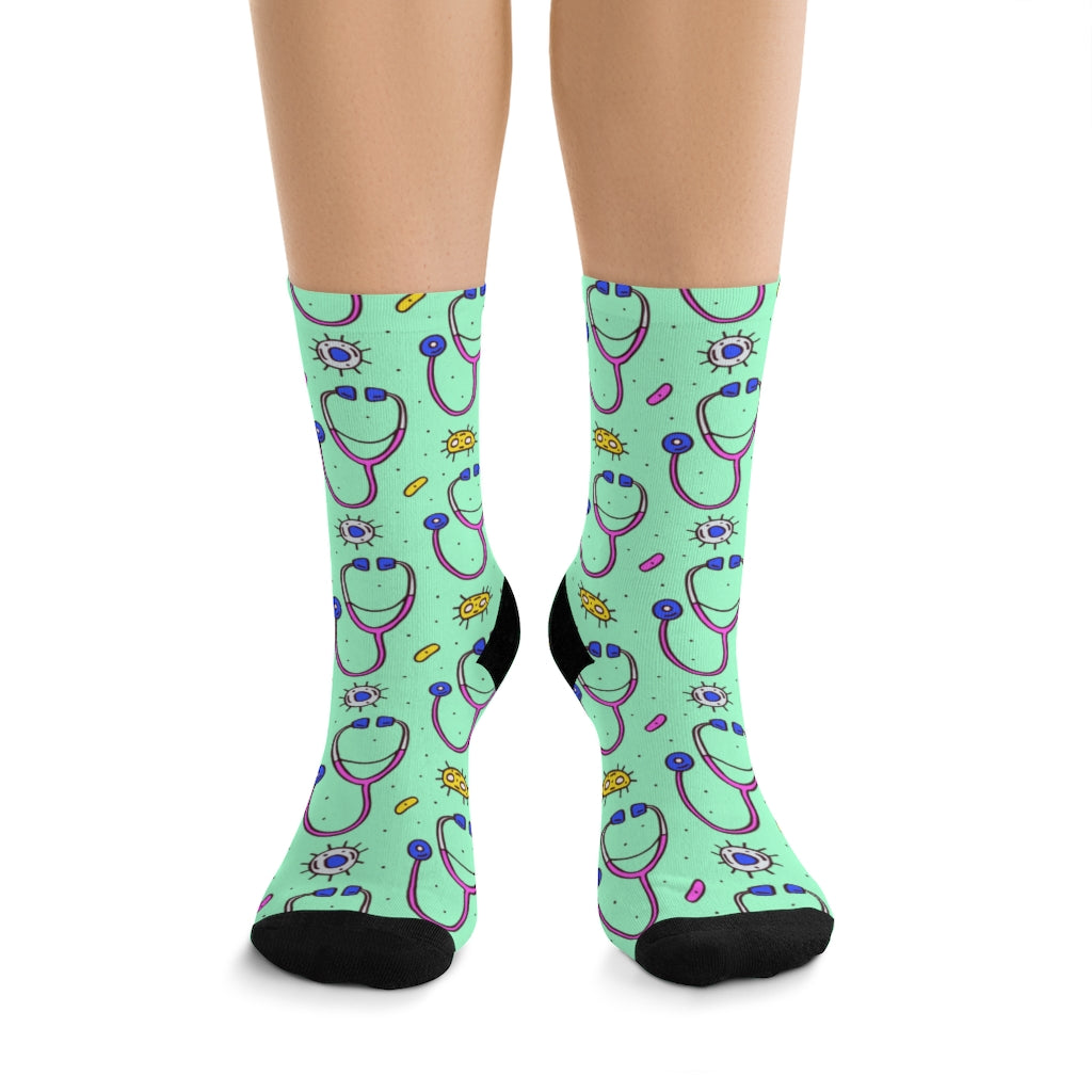 Stethoscope Socks — worn, front view