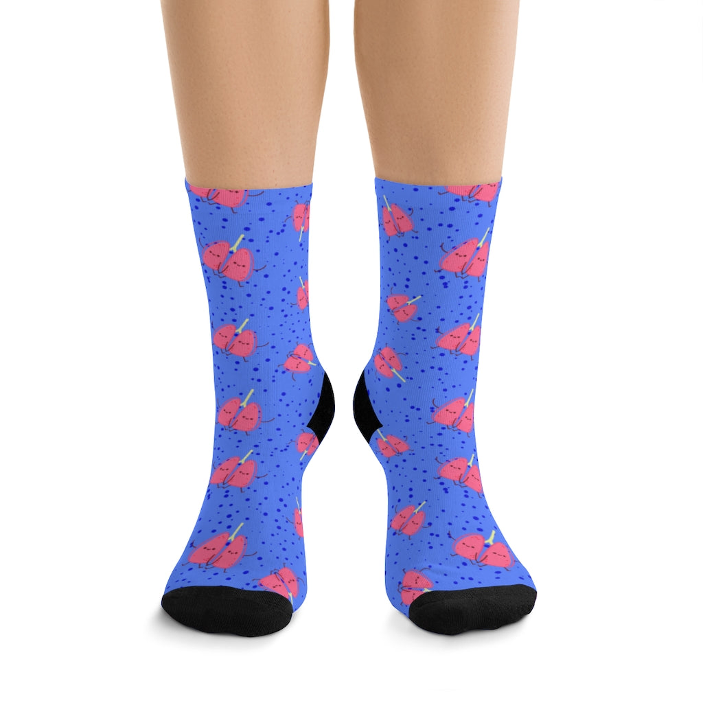 Kidney Socks — worn, front view