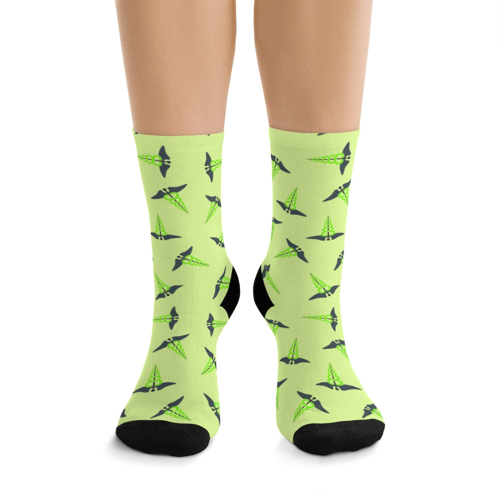 Caduceus Socks — worn, front view