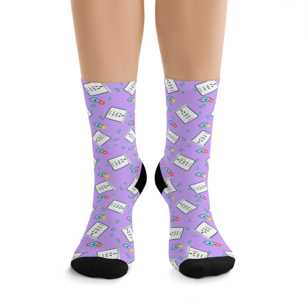 Eye Chart Socks — worn, front view