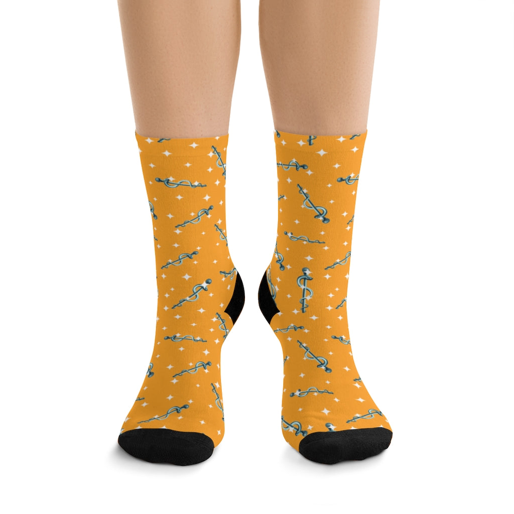 Rod of Asclepius Socks — worn, front view