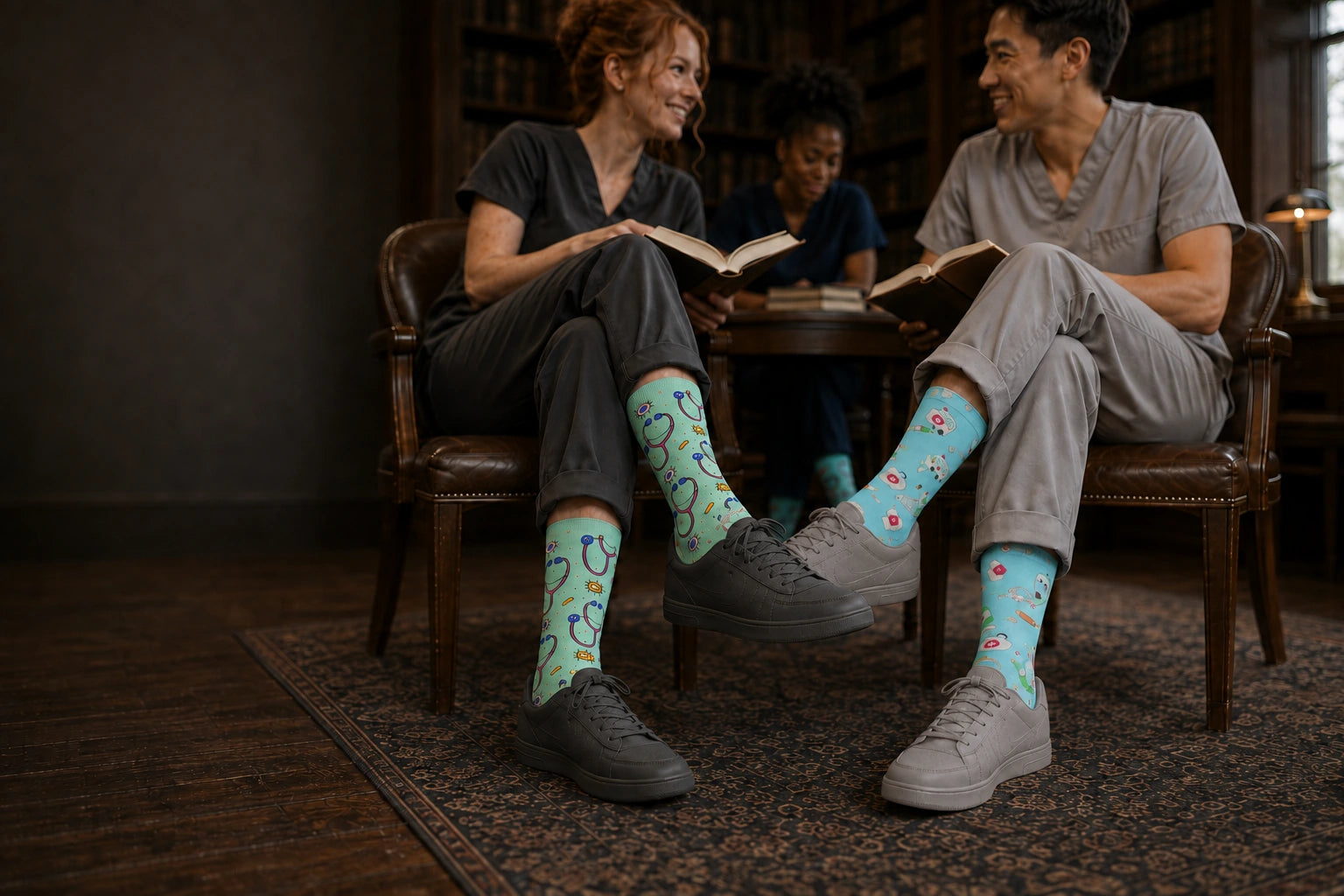Healthcare colleagues in scrubs wearing colorful patterned socks in a library