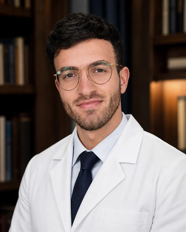 Dr. Fayez Ajib, founder of Vitals & Vibes, wearing a white coat and glasses.